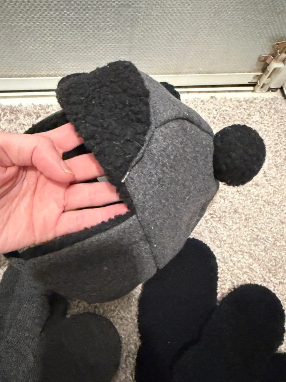 Grey & Black Pom Pom Earflap Hat with Matching Mittens- 12-24 month- like new